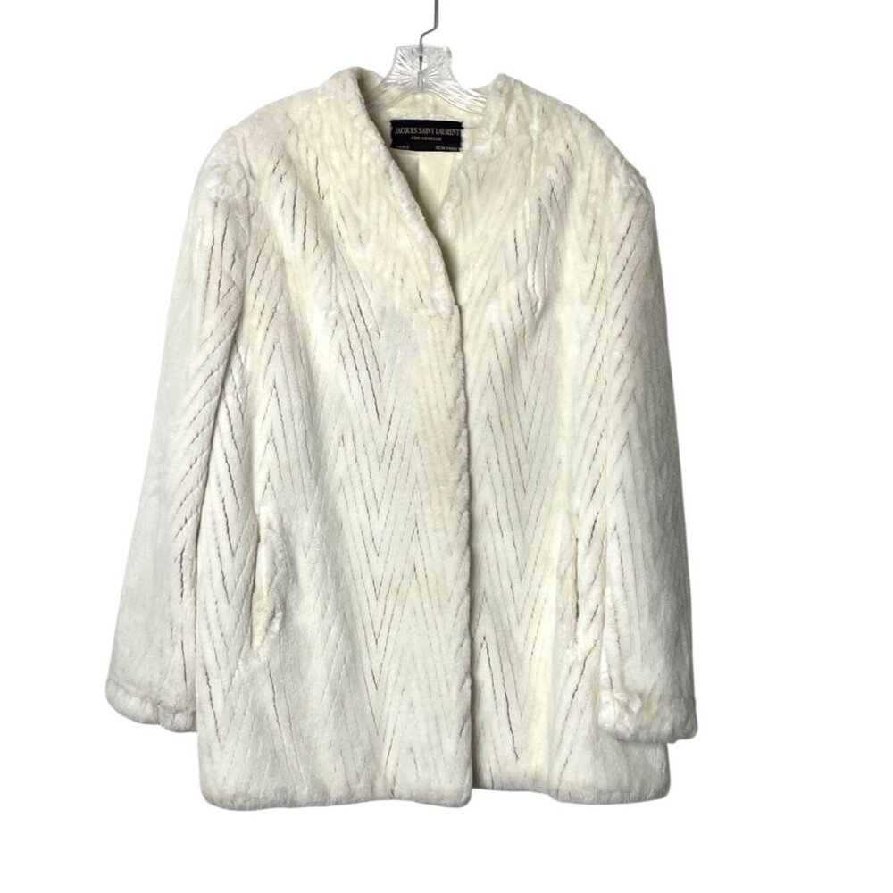 Vtg 70’s Jacques Saint Laurent Off White Faux Fur Chevron Coat with Pockets XL